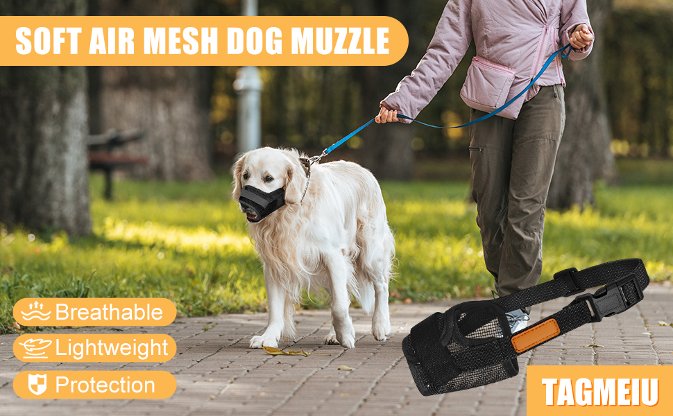Text reads: 'SOFT AIR MESH DOG MUZZLE', 'Protection', 'TAGMEIU'. Product demonstration showing black mesh muzzle on a golden retriever, with person walking dog outdoors.