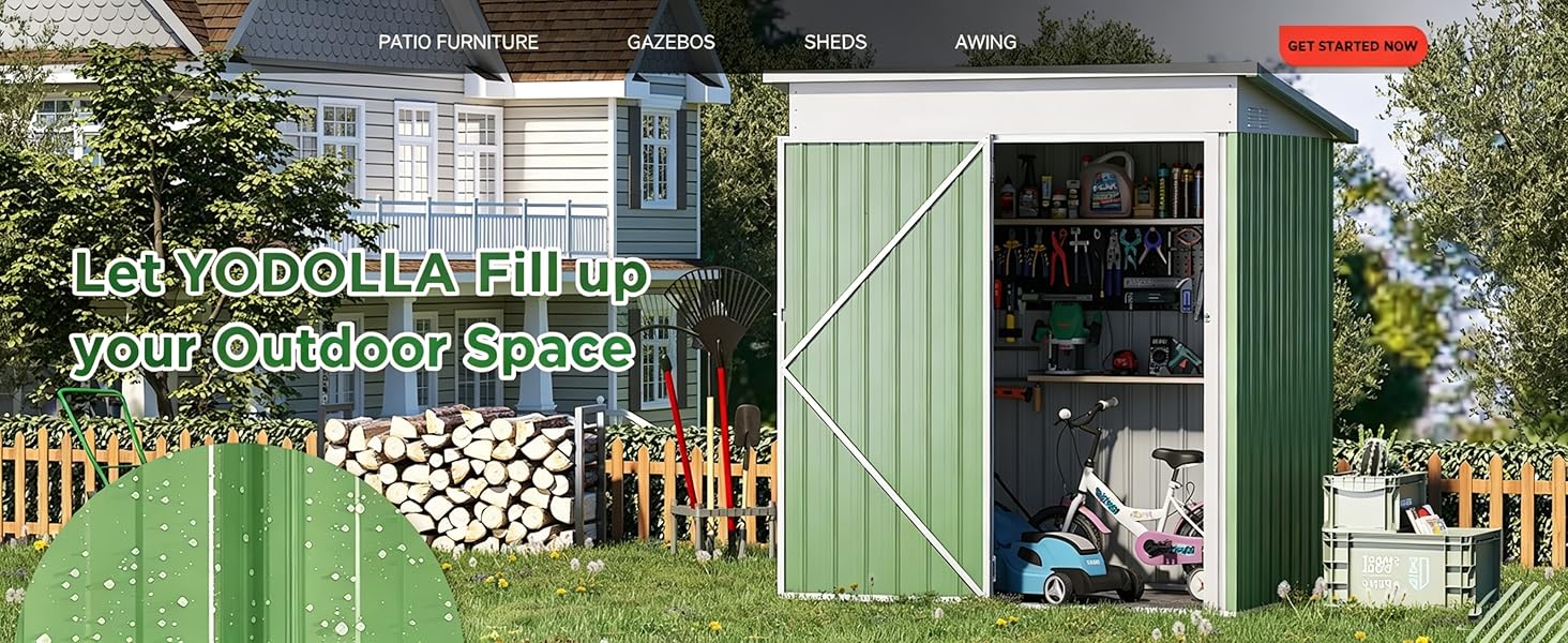 Text lautet „Eco your zauntiefen zur Beleidigung-Bereich“. Grünes Gartenhaus mit weißem Zaun und Stauraum im Freien, tagsüber von vorne betrachtet.