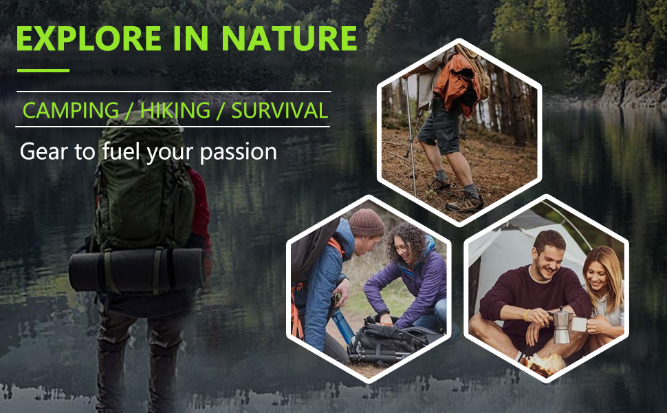 Outdoor adventure promotional image with 'Explore in Nature' text and three hexagonal photos showing camping, hiking, and outdoor activities against dark forest background.