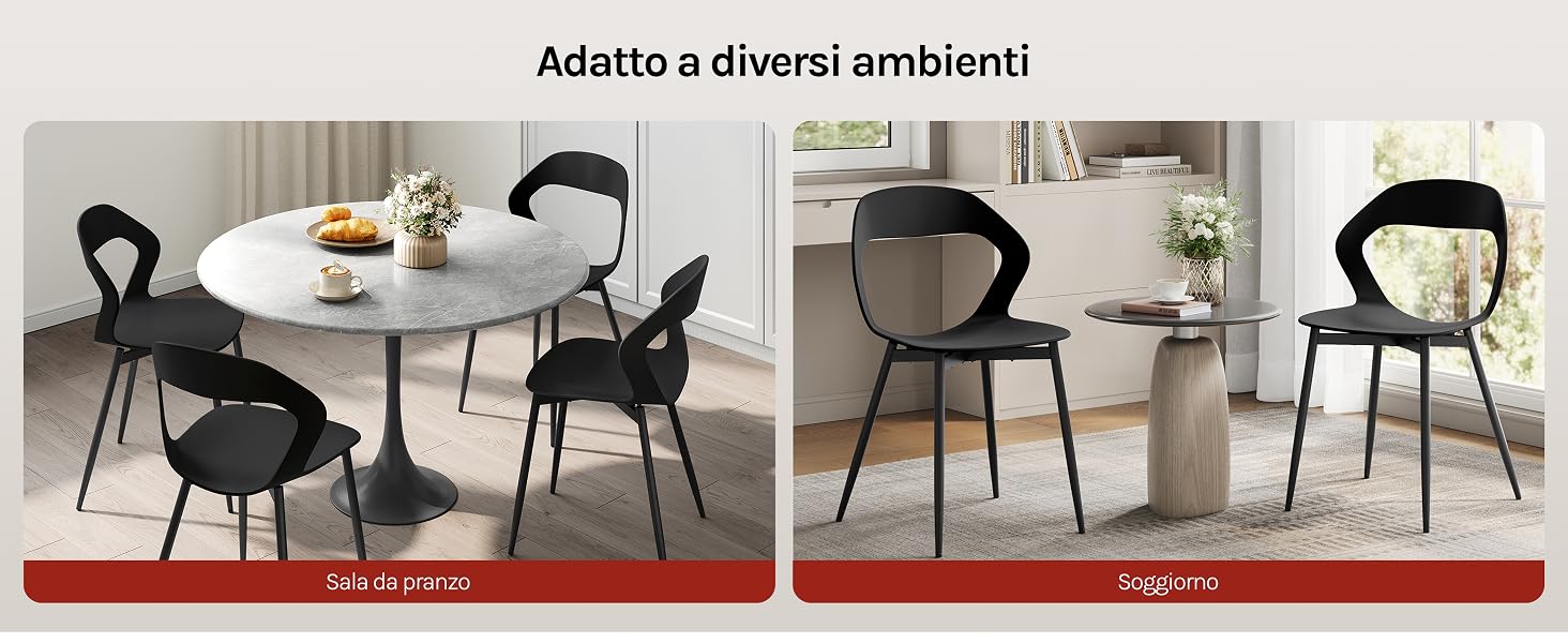 Il testo recita «Adatto a diversi ambienti» con quattro design di sedie moderne esposti su ambientazioni interne con tavolo.