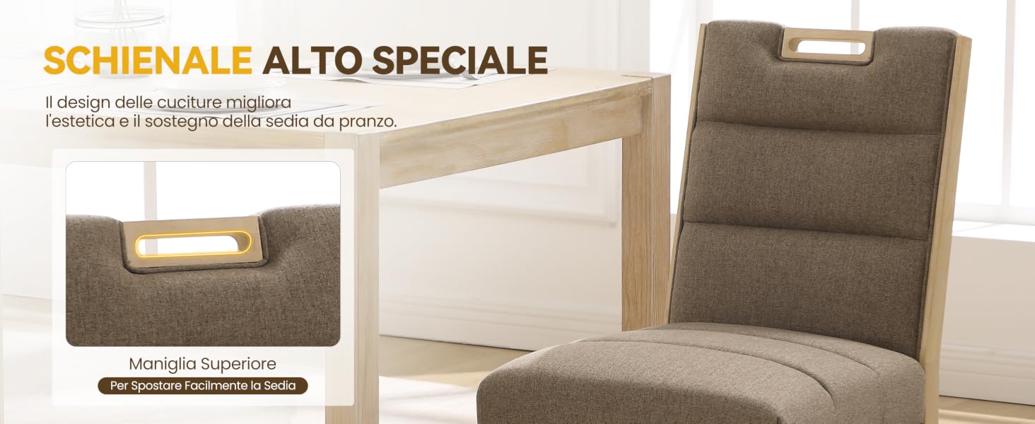 Il testo recita 'SCHIENALE ALTO SPECIALE'. Diverse angolazioni dello stesso schienale imbottito marrone con design ergonomico e dettagli della maniglia.