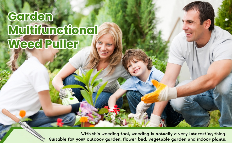 Garden multifunctional weed puller tool shown with family gardening. Long-handled tool with forked end for removing weeds. Text highlights ease of use for various garden tasks.