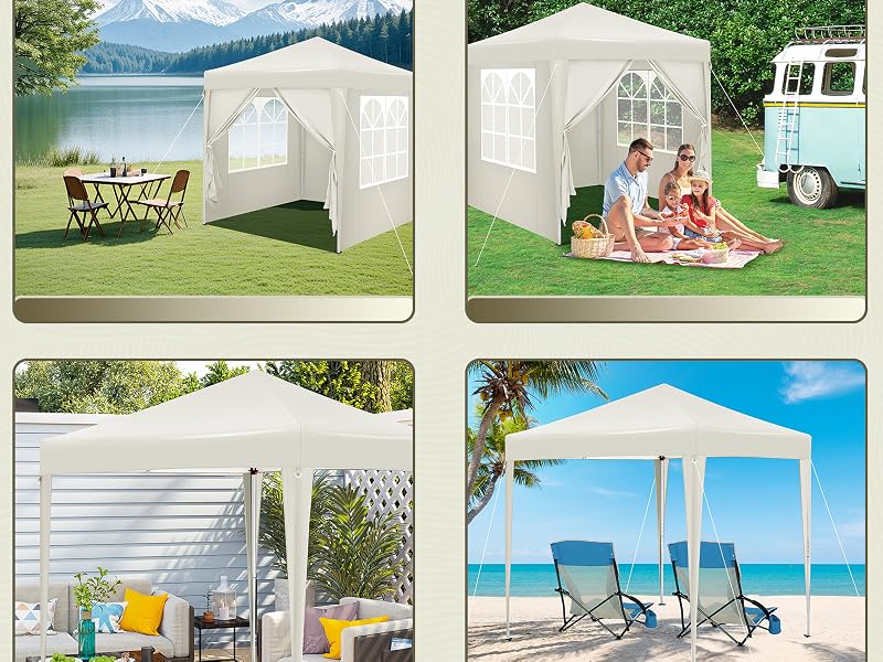Tente de jardin escamotable extérieure blanche présentée dans de multiples décors : au bord du lac, pique-n---- dans le jardin, terrasse et plage. Doté de parois latérales amovibles et d'un design portable