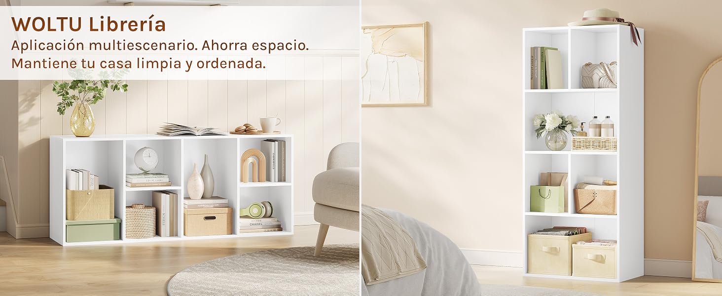 una estantería blanca con una estantería junto a una cama