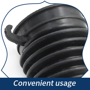 Text reads 'Convenient usage'. Close-up of black ribbed flexible tubing or cable management system with spiral design.