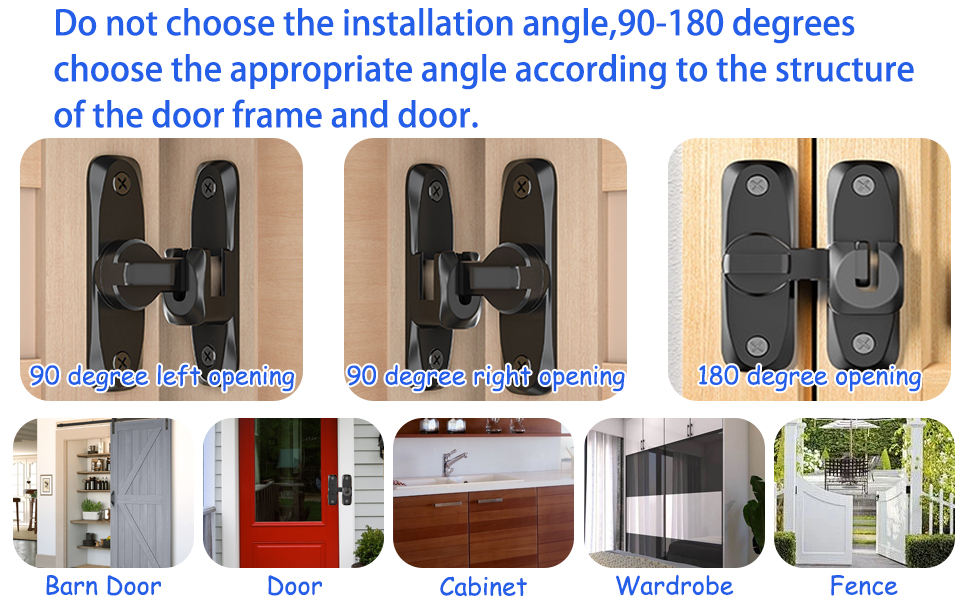 Las bisagras metálicas negras para puertas están disponibles en tres configuraciones: apertura de 90 grados a la izquierda, apertura de 90 grados a la derecha y apertura de 180 grados. Ejemplos de tipos de puertas compatibles incluyen puertas de granero, puertas estándar, puertas de armario, puertas de guardarropa y puertas de valla.