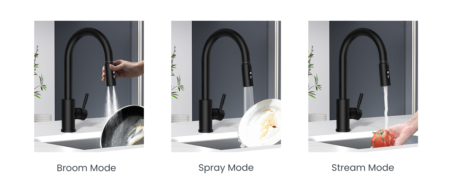 Three kitchen faucet models shown: Broom Mode, Spray Mode, and Stream Mode. Black pull-down faucets with different spray function displays in product packaging.
