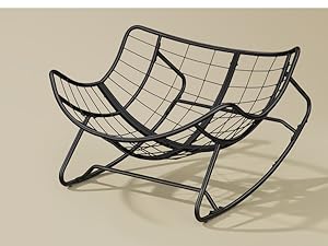 Mecedora negra con estructura tubular de metal con diseño de base curva de patas cruzadas y asiento de malla o tela tejida, fotografiada sobre suelo de color beige/tostado.