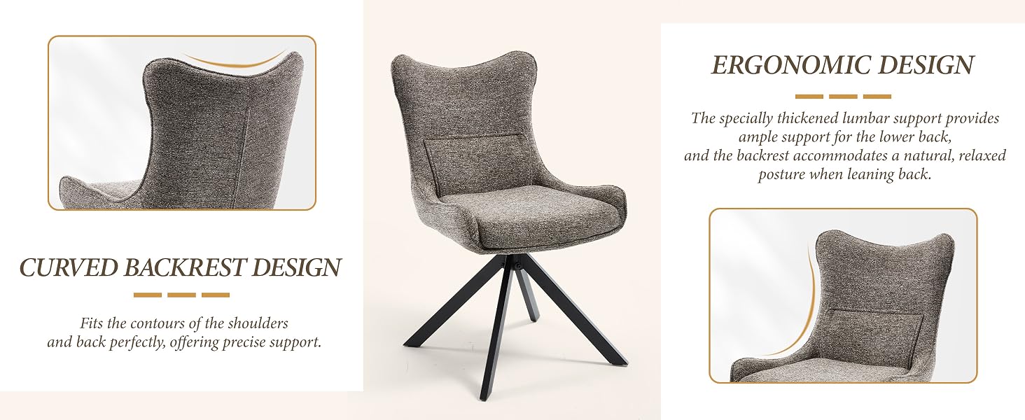 Text reads 'ERGONOMIC DESIGN' and 'CURVED BACK REST DESIGN'. Gray textured chair with curved backrest shown from multiple angles.