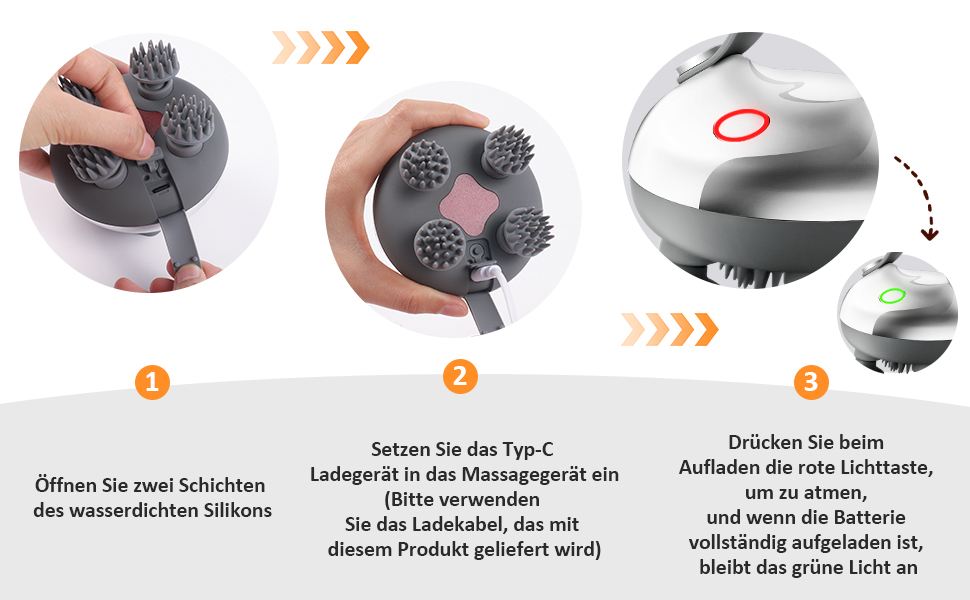 Anweisungsdiagramm mit drei Schritten zur Bedienung eines kreisförmigen Geräts mit Tasten und Anzeigen, einschließlich Lade- und Aktivierungsschritten.