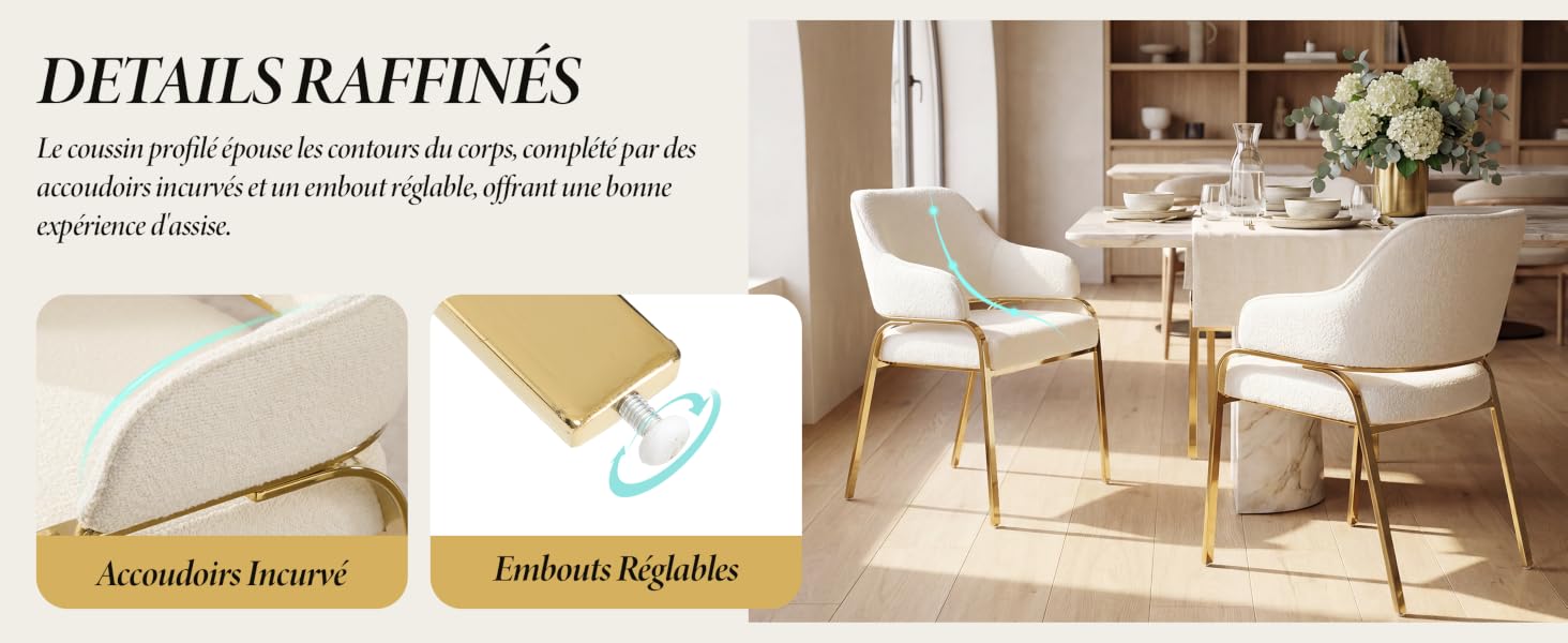 Le texte se lit comme suit : « DÉTAILS RAFFINES ». Images de design d'intérieur montrant des espaces de restauration élégants avec des tons neutres et des arrangements de mobilier modernes.