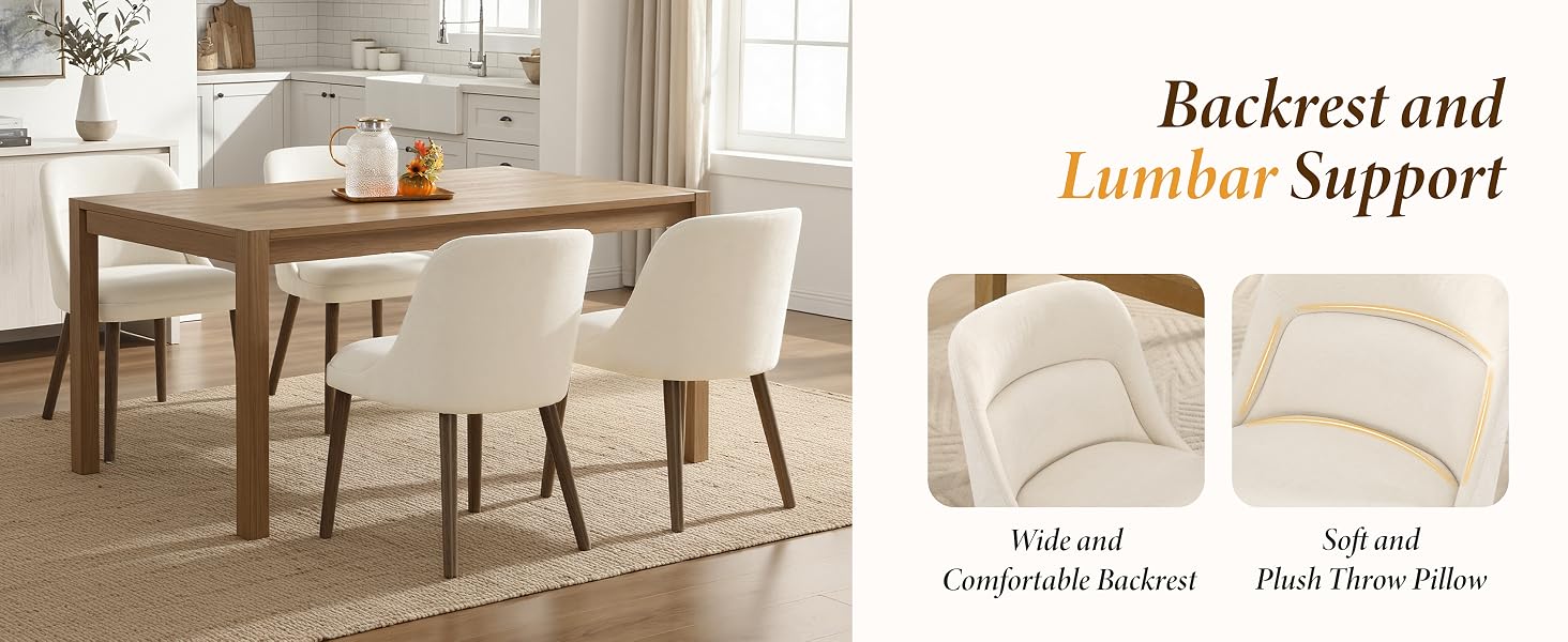 Text reads 'Gentle Formula for Everyday Use', 'Backrest and Lumbar Support'. Dining room furniture set showing beige upholstered chairs and comparison images of chair features.