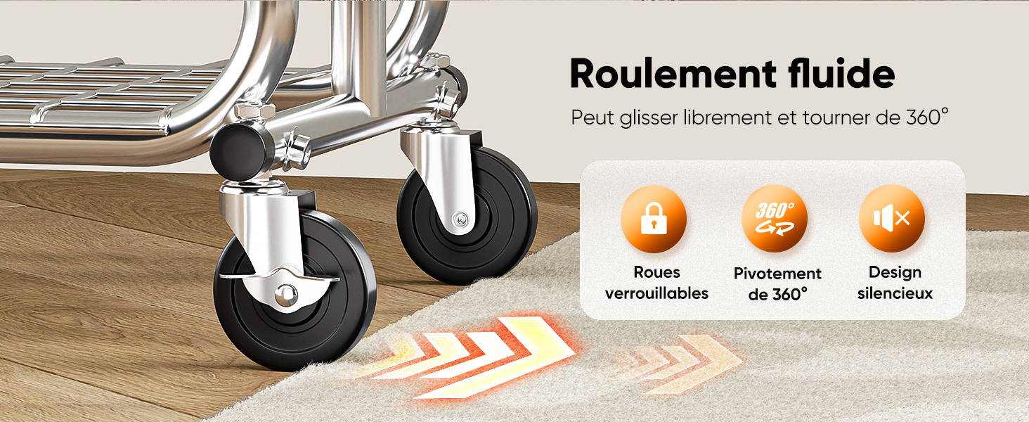 Le texte indique « Roulement fluide ». Illustration du produit montrant des indicateurs de mouvement directionnels avec des flèches oranges sur une surface de plancher en bois clair.