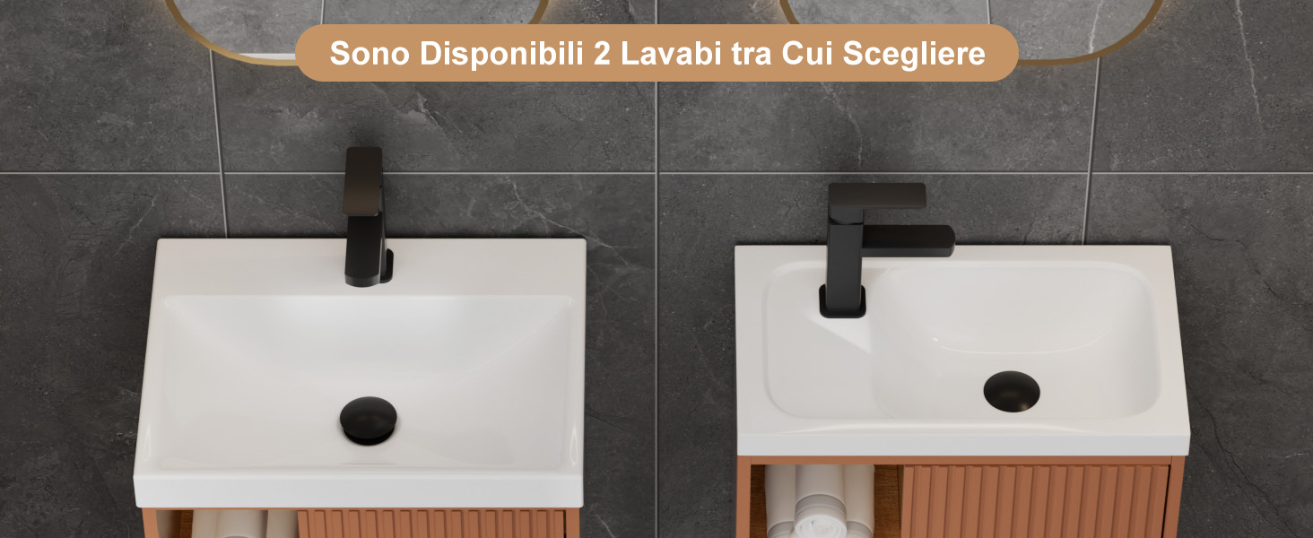 Il testo recita: «Sonja Oberbindl 2 Lande Eis Cui Segments». Due lavelli rettangolari bianchi con fori di scarico circolari singoli, montati su un telaio di base in legno.