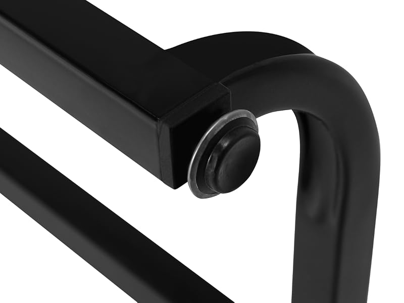 Close-up of a black metal bracket or handle, showing a curved end and straight section with a rounded corner joint.