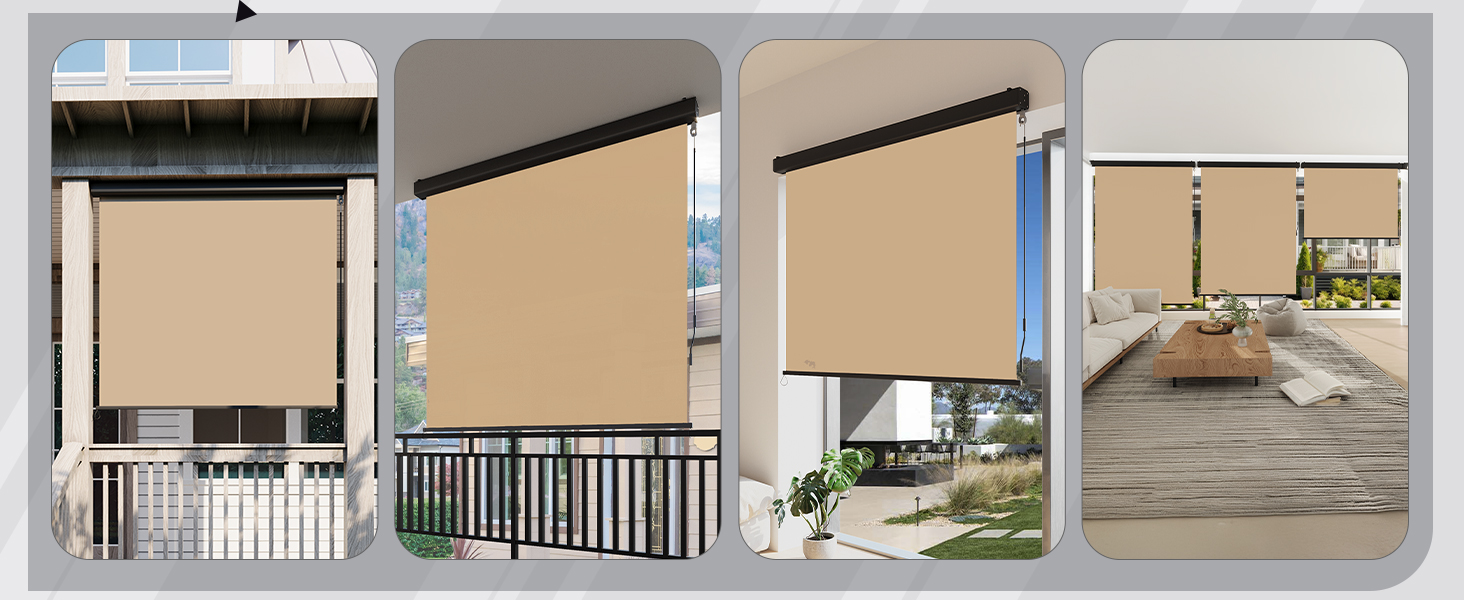 Vue à quatre panneaux de pare-soleil extérieurs amovibles de couleur beige installés sur les balustrades du porche, montrant les différentes étapes et angles de déploiement