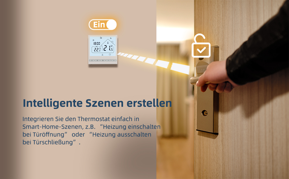 Termostato digital en la varilla con Temperatura ambiente. Die Hand greift nach dem Türgriff, was die Smart-Home-Integration zur Heizungssteuerung anhand des Öffnens oder Schlieöns der Tür veranschaulicht
