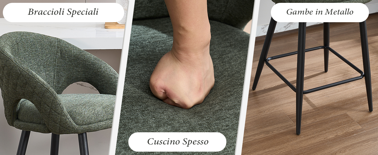 Il testo dice 'Image 2', 'Praecipiti Speciali', 'Camino Spaesi' e 'Gamble in Metalio'. Immagine divisa che mostra la tappezzeria verde testurizzata, il test di pressione sul cuscino e le gambe della sedia in metallo.
