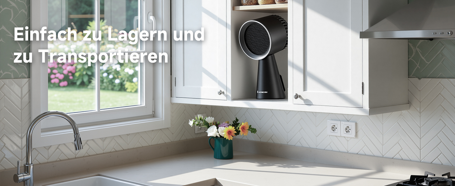 Der Text lautet „Einfach zu Lagern und zu Transportieren“. Serie von Innenaufnahmen der Küche, die weiße moderne Geräte und Aufbewahrungslösungen zeigen.