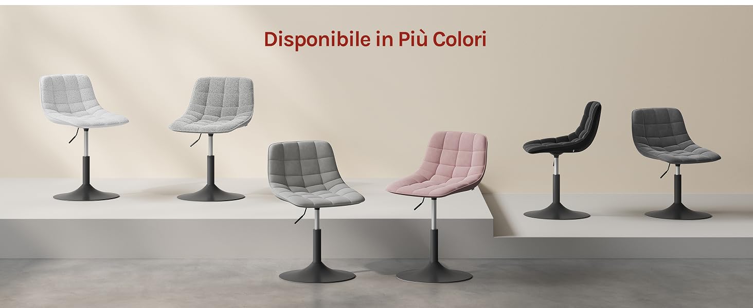 Il testo recita «Disponibile in Più Colori». Linea di prodotti che comprende sedie da pranzo moderne in vari colori tra cui bianco, grigio, rosa e nero, tutte con basi a piedistallo.