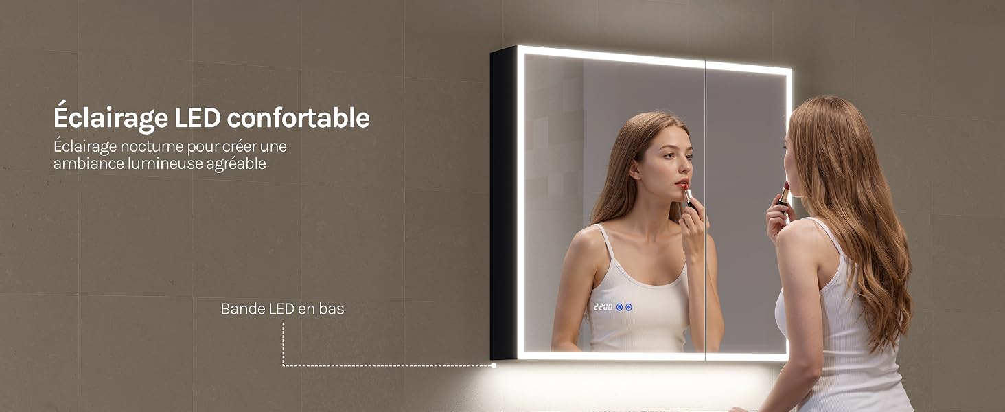 Le texte indique « Erleuchtung LED contrôlable » et « Spieglein, Spieglein ». Jeune femme vue dans un miroir illuminé avec commandes d'éclairage réglables, dessus blanc.