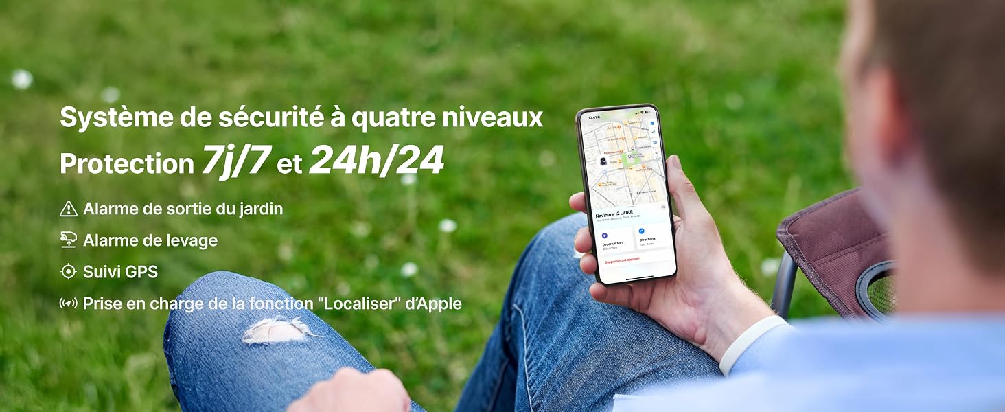 Le texte se lit comme suit : « Système de sécurité à quatre niveaux Protection 7j/7 x 24h/24 ». Scène extérieure verte montrant des démonstrations d'interface de sécurité pour appareils mobiles.