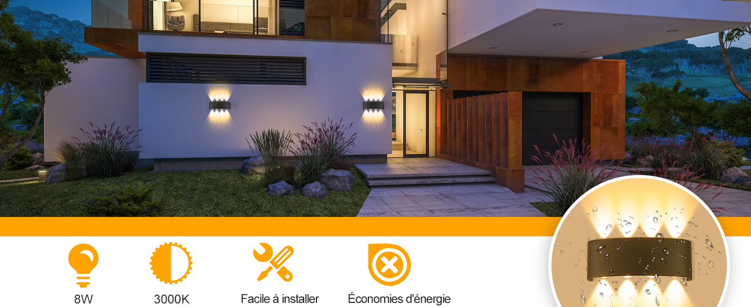 L'extérieur d'une maison résidentielle moderne est illuminé au crépuscule par un éclairage chaud. Les icônes de navigation affichées ci-dessous indiquent le téléviseur, la chambre, les commandes intelligentes, les fonctions d'urgence et de gestion de l'énergie. L'encart circulaire montre l'interface de contrôle de la maison intelligente.