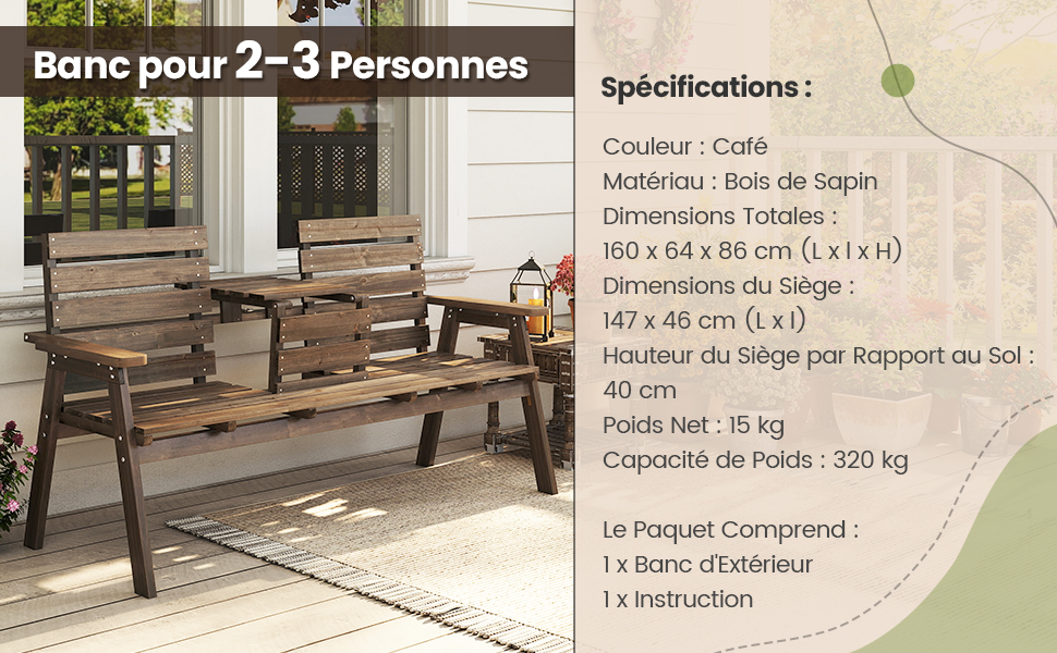Le texte se lit comme suit : « Banc pour 2-3 personnes » avec des spécifications, notamment les dimensions et la capacité de charge. Montre un banc en bois avec structure en métal en extérieur.