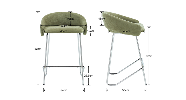 Technical diagram showing dimensions of two olive green upholstered bar stools with metal frames, displaying measurements and side views.