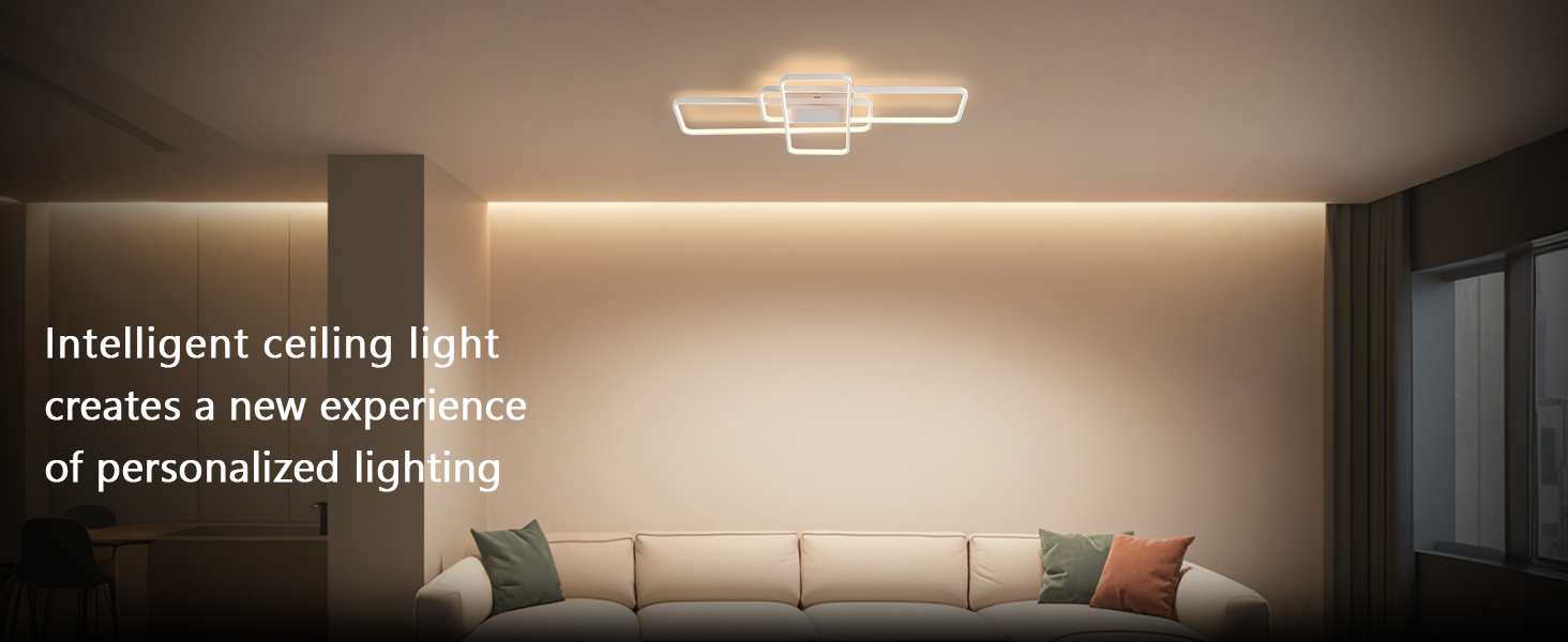 Moderne rechteckige LED-Deckenleuchte zur Beleuchtung eines Wohnzimmers. Die Leuchte strahlt warmes Licht aus und sorgt so für ein stimmungsvolles Leuchten über einem beigen Sofa mit