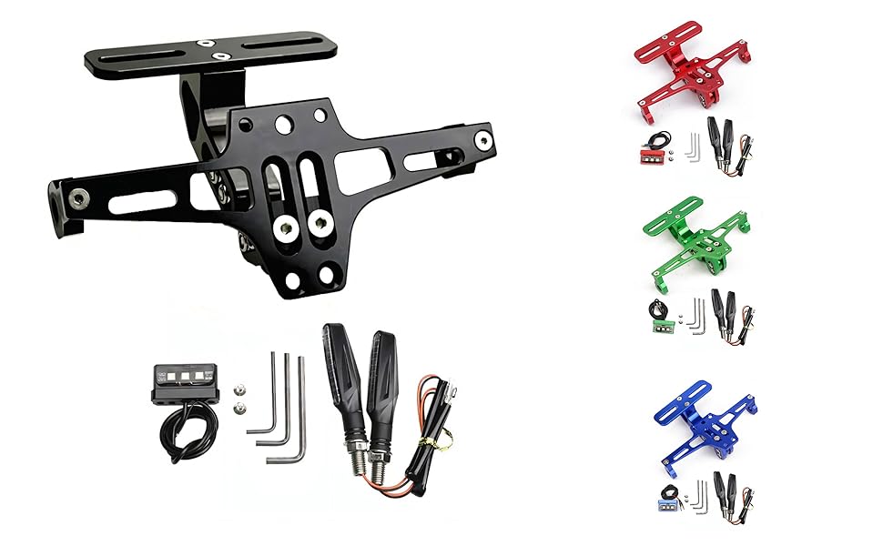 avec support réglable, lumières LED et matériel de montage. Comprend des modèles de mini-motos colorés en rouge, vert et bleu avec des accessoires.