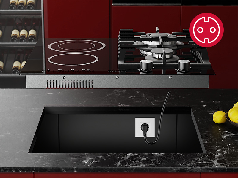 Installation de table de cuisson de cuisine moderne avec brûleurs à induction ou électriques intégrés au plan de travail noir avec icône circulaire rouge et panneau de commande visibles.