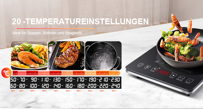 Induktionskochfeld mit Anzeige der Temperatureinstellungen und Fotos von Kochvorführungen, auf denen verschiedene zubereitete Gerichte und Temperaturregler
