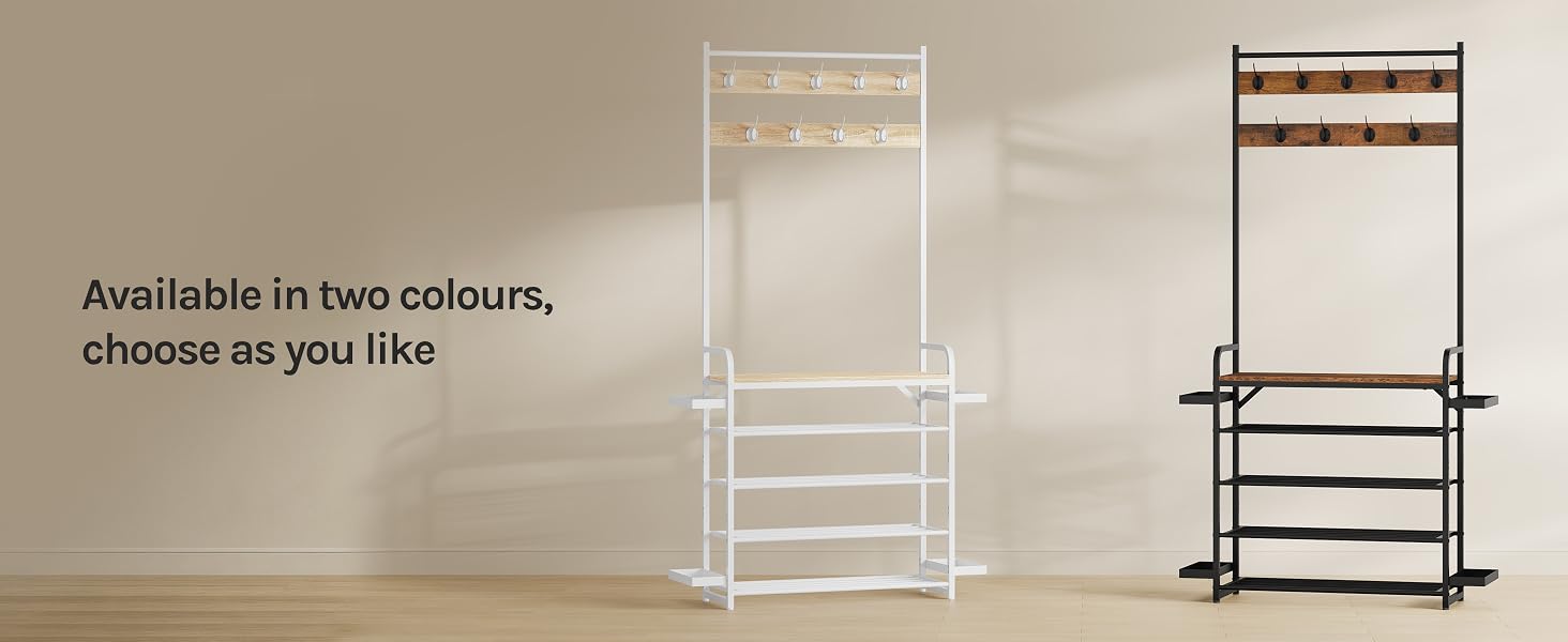 Text reads 'Available in two colours, choose as you like.' Two tall narrow shelving units shown in light wood and dark finishes against neutral backgrounds.