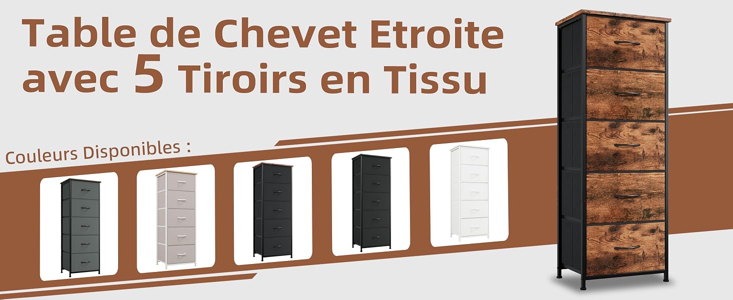Le texte indique « Table de chevet Etroite avec 5 tiroirs en tissu » et « Couleurs Disponibles : ». Une autre variante de l'affichage des produits de la table de chevet indiquant les couleurs disponibles.