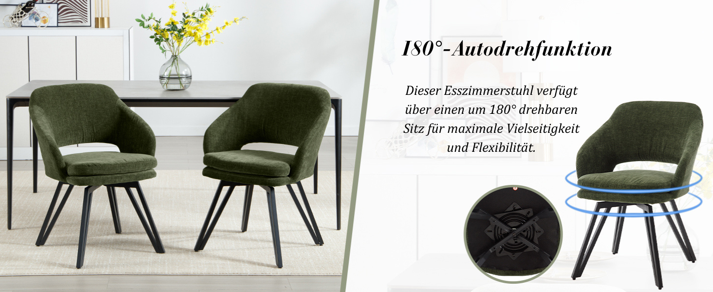 Der Text lautet 'TSF - Automatikfunktion'. Moderne Essgruppe mit grünen Samtstühlen an einem Tisch in einem modernen Ambiente.
