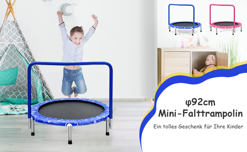 φ92cm Mini Trampolin, Fitness Trampolin faltbar, Kindertrampolin bis 150kg belastbar Gartentrampolin