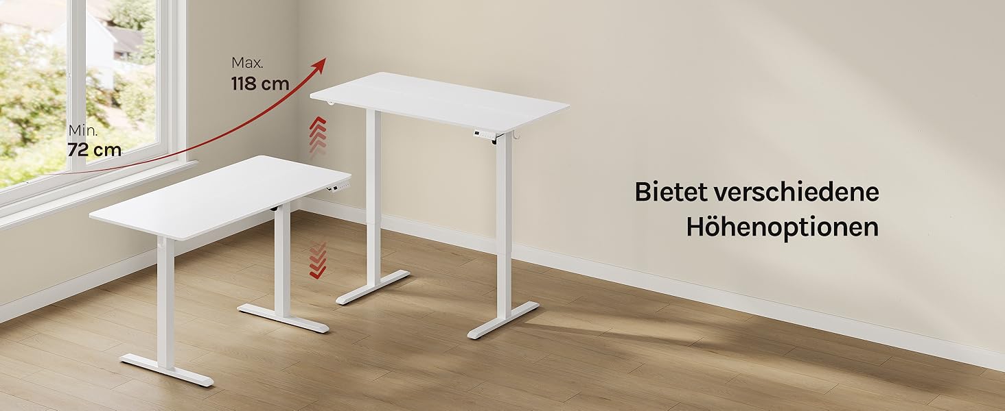 Der Text lautet „Bietet verschiedene Höhenoptionen“. Das weiße, verstellbare Schreibtisch- oder Tischgestell ist in mehreren Ansichten dargestellt und zeigt den Höhenverstellbereich mit den angegebenen Maßen.