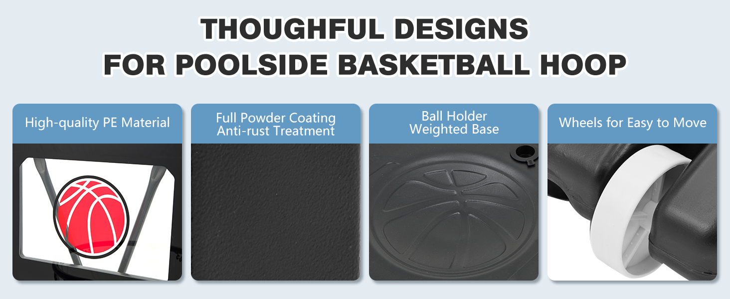 Text reads 'THOUGHTFUL DESIGNS FOR POOLSIDE BASKETBALL HOOP'. Product diagram showing multiple views of basketball hoop installation and features.