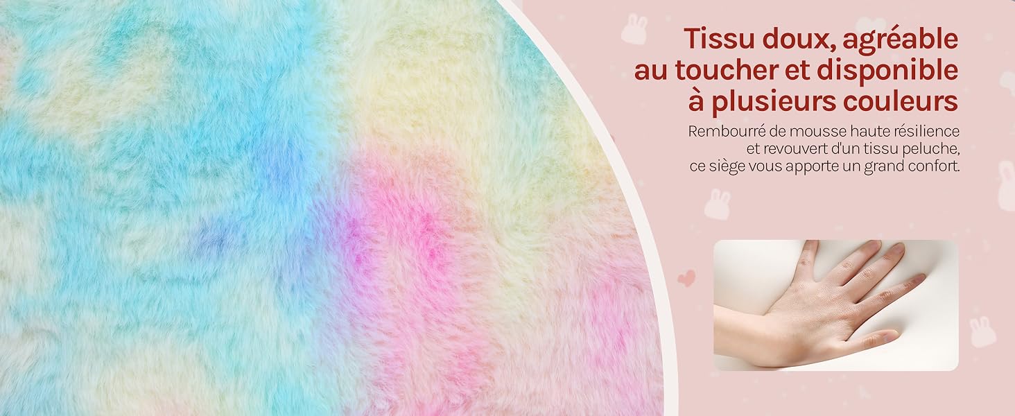 Le texte indique « Tissu doux, agréable » et « à plusieurs couleurs ». Fond abstrait de style aquarelle avec des mélanges de bleu pastel, de rose et de jaune.