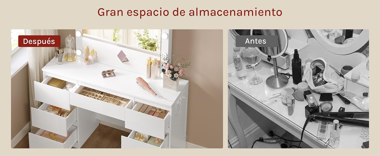 Comparación de antes y después de un área de tocador. «After» muestra un tocador blanco con varios cajones que proporcionan un amplio espacio de almacenamiento. «Antes» muestra una superficie desordenada