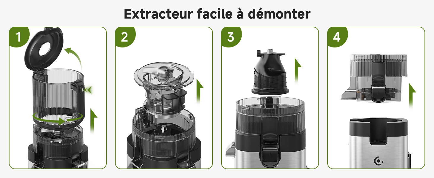 Le texte indique « Extracteur facile à démonter ». Graphique d'instructions à quatre panneaux illustrant la séquence de démontage d'un appareil noir avec pièces et composants amovibles.