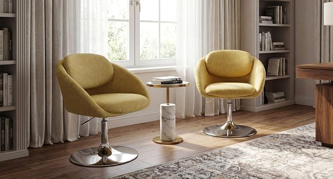 Serie di immagini di interior design che mostrano moderne sedie girevoli di colore beige/crema, collocate in ambienti luminosi con ampie finestre e pavimenti in legno.