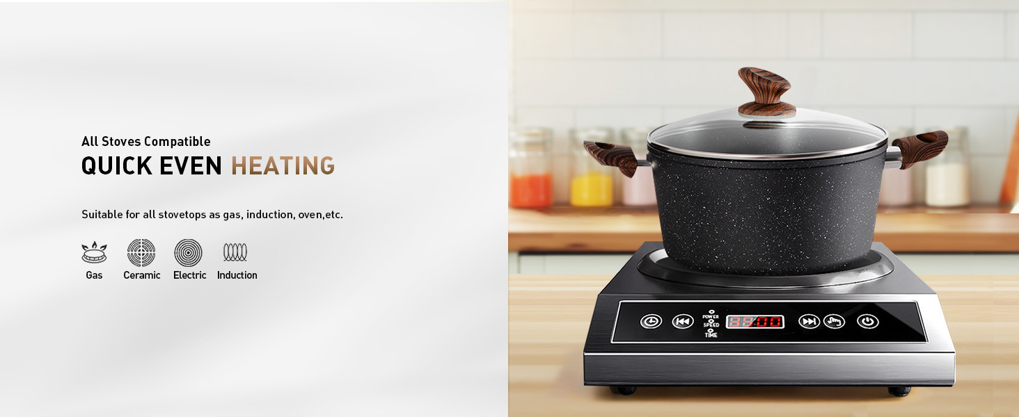 Text reads 'QUICK EVEN HEATING'.