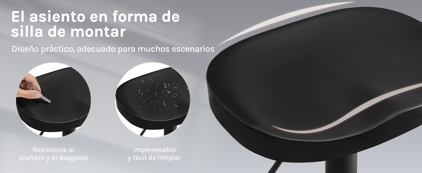 negro con diseño curvo. Los tres paneles muestran una superficie resistente al agua, una limpieza fácil y un primer plano de material texturizado. El texto en español describe el diseño práctico para varios escenarios