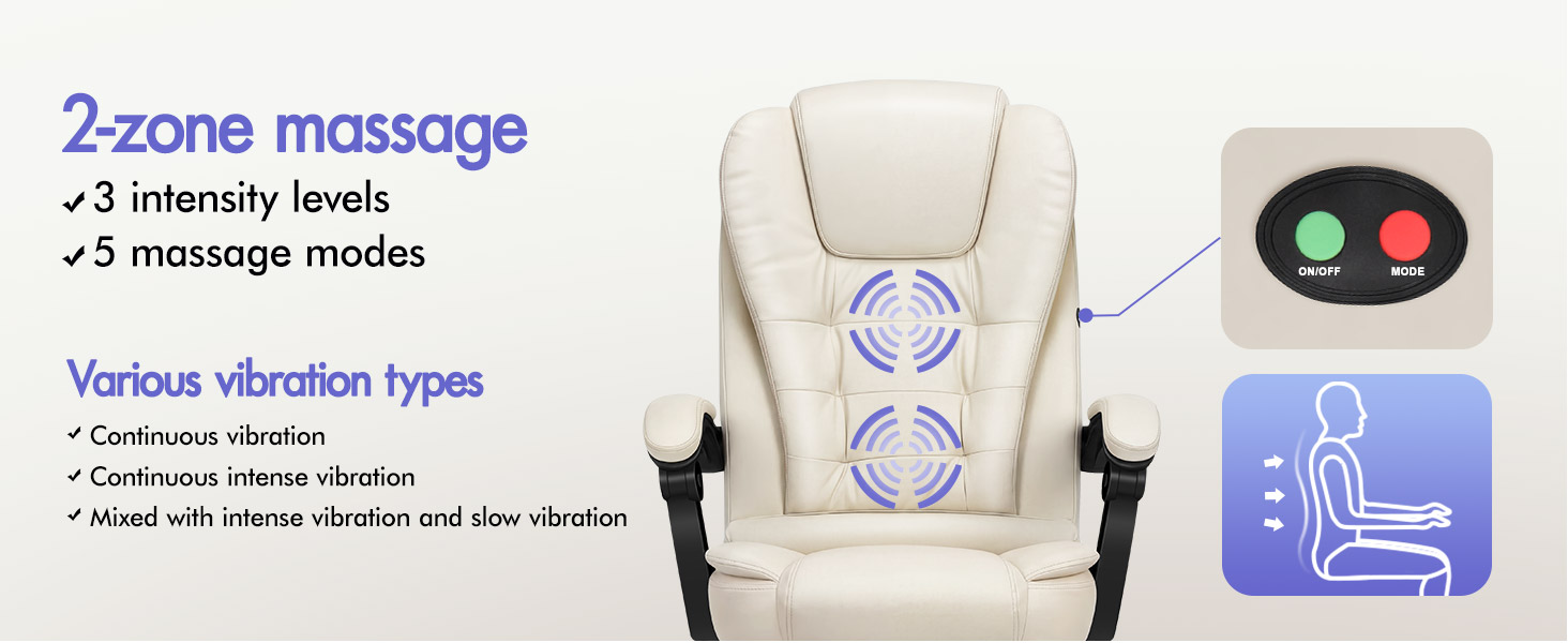 Text reads: '2-zone massage' and '2 intensity levels' and '5 massage modes' and 'Waist effective massage region' and '2 pneumatic vibration' and '1 lumbar acupressure' and '5 unique zones.' Massage chair with remote control showing dual-zone therapeutic features and multiple massage functions.