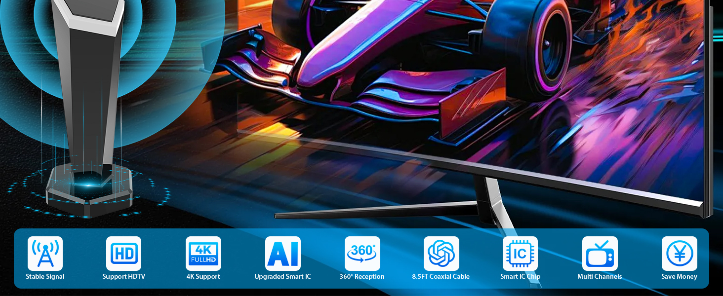 Colorful neon-lit sports car displayed at night with purple, blue, and orange lighting effects. Bottom toolbar displays multiple blue icons with white symbols for various functions.