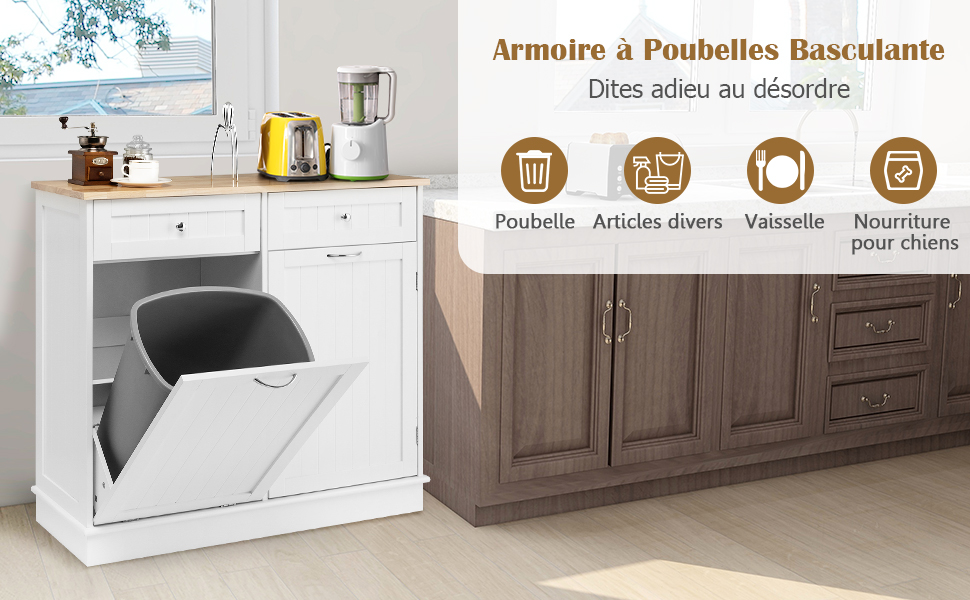 Meuble Poubelle Cuisine 2 Tiroirs - Buffet Rangement, étagère Réglable, Gris