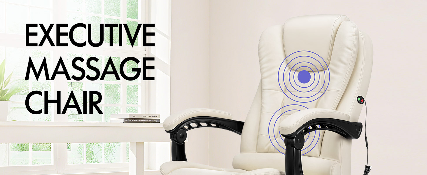 Text reads "EXECUTIVE MASSAGE CHAIR". Beige upholstered massage chair with black armrests and circular massage pattern indicators on backrest.