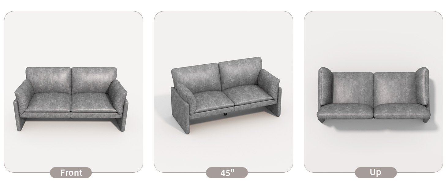 Drei Ansichten eines modernen grauen Sofadesigns mit Front-, 45-Grad-Winkel- und Seitenperspektiven
